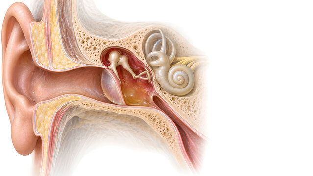 Middle ear otitis media medical education image showing subtle inflammation, swelling and fluid behind the eardrum in a realistic anatomical cutaway for healthcare and patient communication