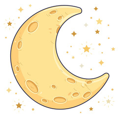Cute cartoon crescent moon with craters and shining stars vector illustration © inii