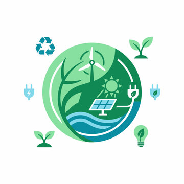 Green energy planet icon with recycling and solar symbols.