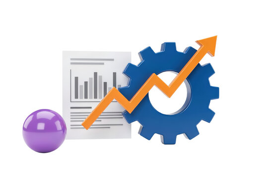 Blue gear cog with an orange upward trending arrow and a document showing bar charts and a purple sphere isolated on a transparent background