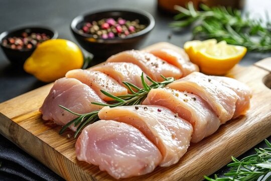 Freshly sourced chicken meat resting on a wooden kitchen board.