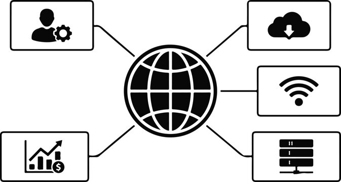 A conceptual diagram showing a central globe icon connected to various technology symbols representing global internet connectivity and digital data management