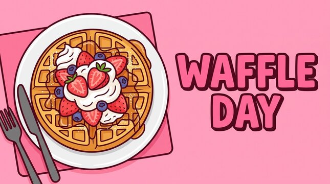 Waffle Day Pink Themed Whipped Cream Berry Waffle