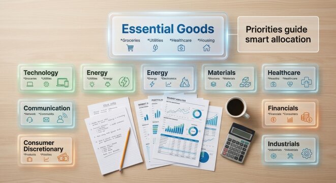 Essential Goods Economy Analysis with Financial Documents and Coffee
