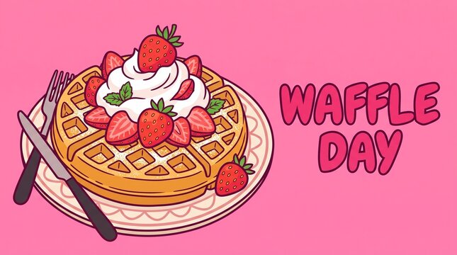 Waffle Day Pink Banner with Whipped Cream and Strawberries