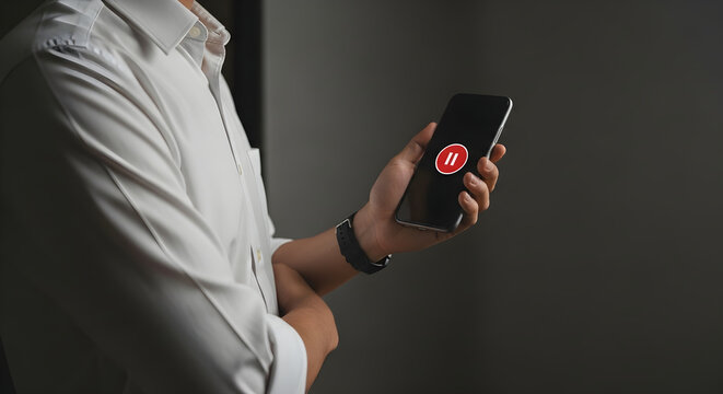 Professional Man Using Mobile Device with Pause Symbol Icon for Digital Media Control and Entertainment Management in Modern Workspace
