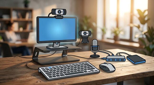 Modern office workspace with computer monitor and streaming equipment