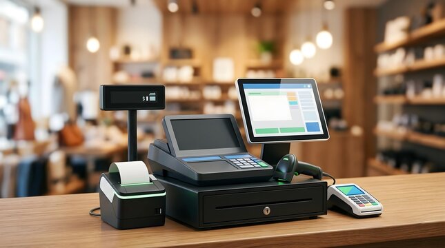 Modern POS terminal system on wooden counter in retail store checkout area