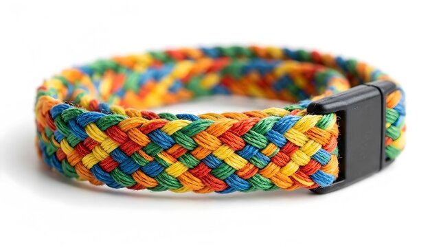 Multi colored braided rope bracelet with black plastic clasp isolated