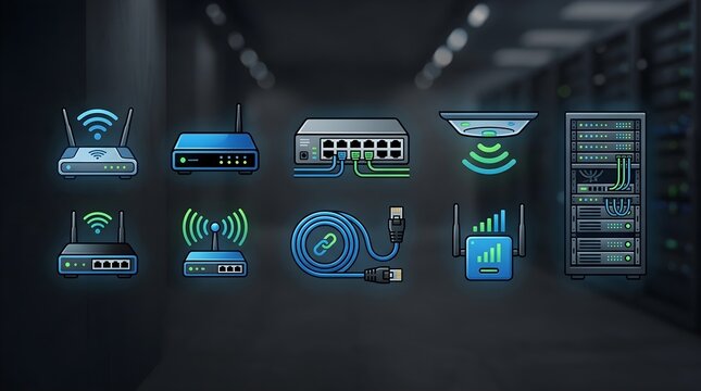 Network hardware icon set featuring routers and server racks in deep blue