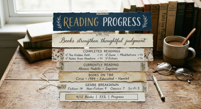 Reading Progress Tracker Sign with Stacked Books and Literary Lists