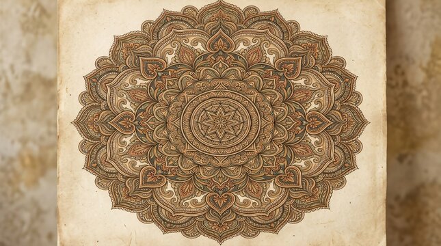 Vintage mandala illustration on aged parchment paper, intricate circular floral pattern, antique sepia bohemian ornament for meditation and yoga decor