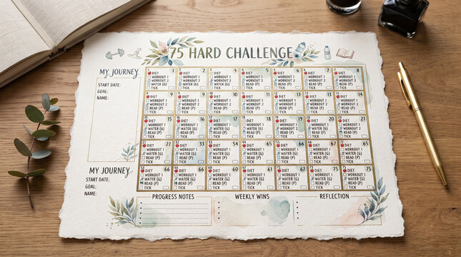 A 75 hard challenge planner lies open on a wooden table displaying daily task checkboxes