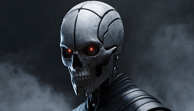 Futuristic robotic skull cyborg character portrait. Artificial intelligence menace and dark scifi concept. Evil cybernetic warrior skull staring with glowing red laser eyes