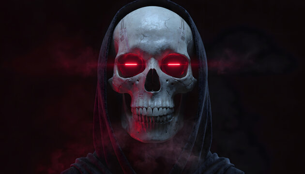 Cybernetic grim reaper skull with glowing red neon eyes. Sci-fi horror and futuristic death concept. Cyborg skeleton staring from dark cowl
