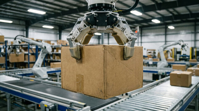 A robotic arm lifts a cardboard box in a modern warehouse, showcasing automation in logistics and efficient package handling.