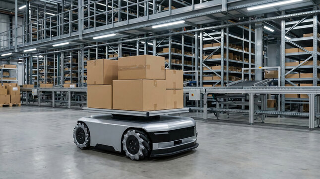 An autonomous robot transports cardboard boxes inside a large, organized warehouse with metal shelving and industrial lighting.