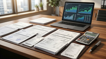 Obraz premium Open laptop showing financial charts on wooden desk with business reports and papers