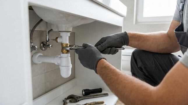 A plumber repairs a sink's plumbing under the counter using a wrench, showcasing tools and the intricacies of plumbing work.
