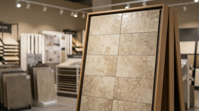 A showroom displaying various stone and tile samples for interior design and construction purposes.