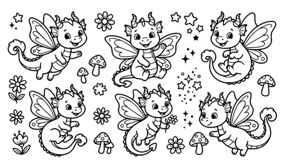 Obraz premium Cute Fairy Dragons Coloring Pages – Cartoon Winged Dragon Vector Set