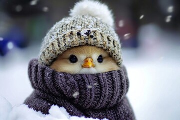 Obraz premium Charming bird keeps cozy with a warm winter hat.