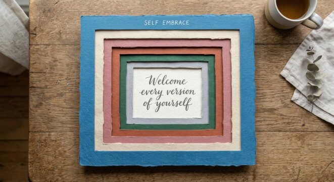 Concentric Paper Frames Displaying 'Welcome Every Version of Yourself' Quote