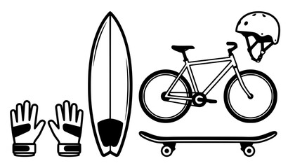 Black and white sports equipment collection with skateboard bicycle surfboard helmet and gloves vector illustration © Md Humaun