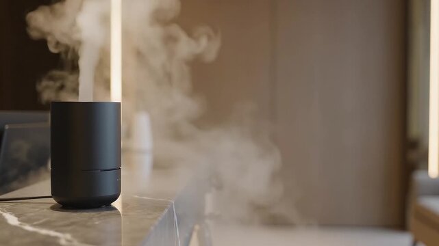 Fine white mist rising from aroma diffuser on marble reception counter