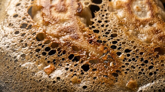 Close up macro texture of golden brown fried pancake surface with porous bubbles and crisp edges