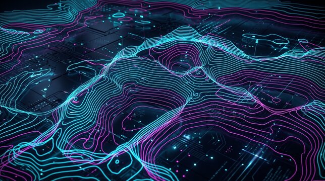 Abstract topographical map background with glowing neon contour lines