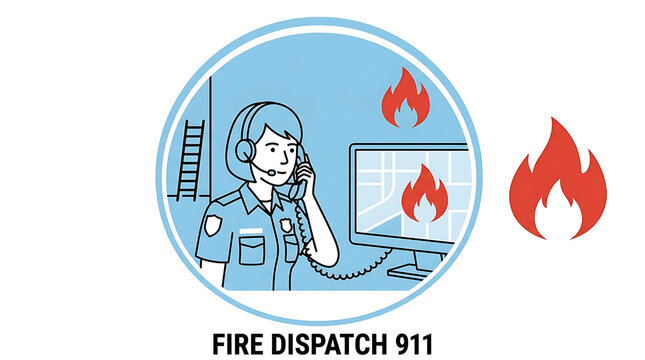 Illustration of a fire dispatcher taking an emergency call in a command center