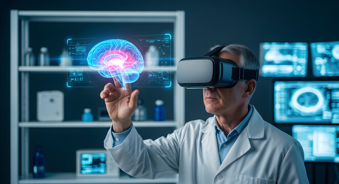 Professional scientist using advanced virtual reality headset to analyze complex holographic human brain interface in modern medical research laboratory