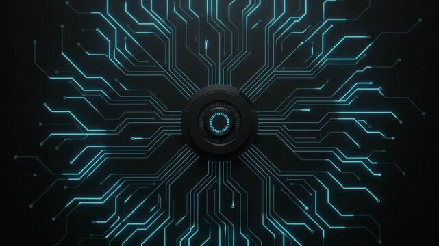 Futuristic circular tech device with glowing blue circuit board patterns extending outward in symmetry