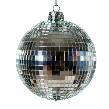 Silver mirror disco ball glowing and reflecting isolated on white background