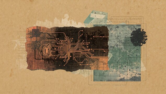 Abstract Digital Circuitry on Grunge Paper Background with Geometric Elements