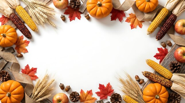 Autumn harvest border with pumpkins corn and colorful fall leaves on white background