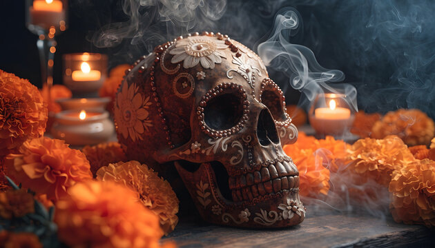 Decorated skull surrounded by marigold flowers and burning candles. Day of the Dead celebration concept. Traditional Mexican sugar skull resting on altar with rising incense smoke