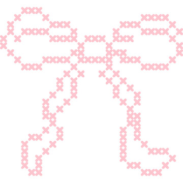 Cross stitch ribbon bow with long curled tails and vintage embroidered pixel texture. Coquette decorative element for wedding stationery, scrapbook, textile and festive design. Vector illustration