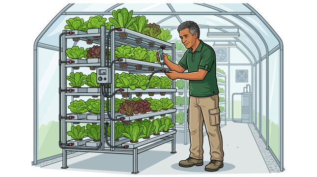 Male gardener inspecting hydroponic lettuce crops in indoor farm with controlled environment