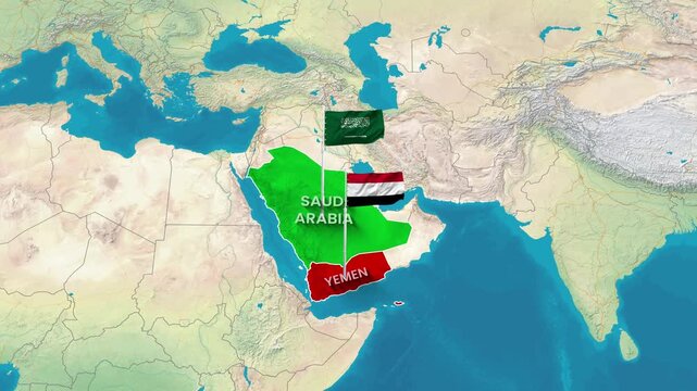 Saudi Arabia and Yemen's borders are highlighted with animated flags waving