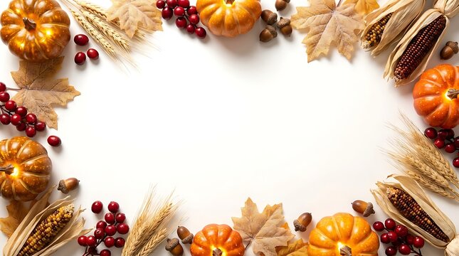 Autumn harvest arrangement of pumpkins wheat berries and foliage on white background