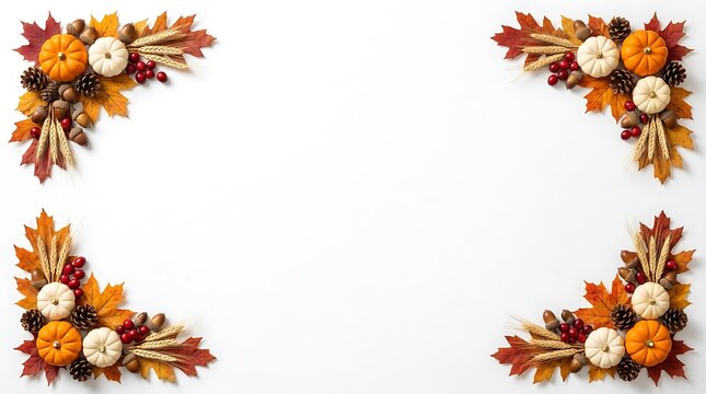 Autumn floral corner arrangements with dried flowers and pampas grass on white background