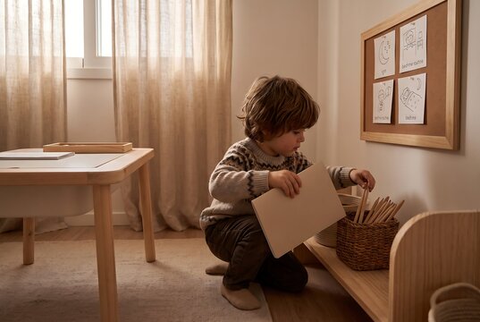 Child Cleaning Bedroom Floor During Independent Life Skills Activity
