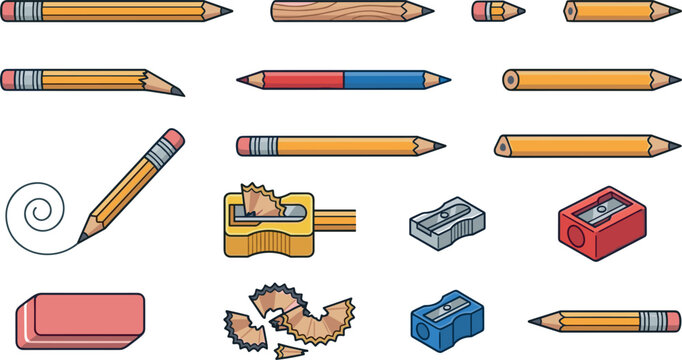 Yellow Pencil and Sharpener Vector Icon Set Featuring Shavings, Erasers, Short and Broken Pencils, Dual Colors, and Spiral Drawing Lines for Stationery Designs