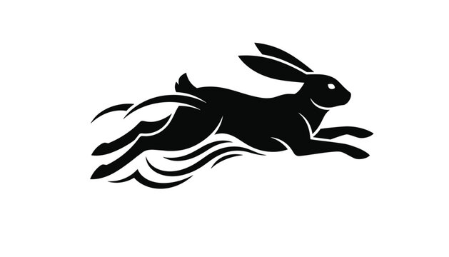 Energetic black silhouette of running hare or wild rabbit with swift wind trails symbolizing speed and power.