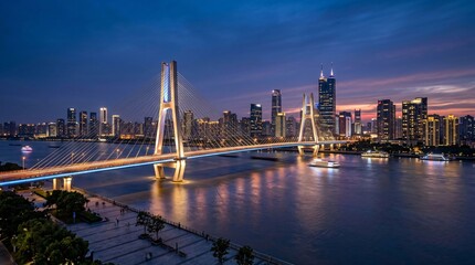 Obraz premium Illuminated cable-stayed bridge over a river with city skyline at twilight