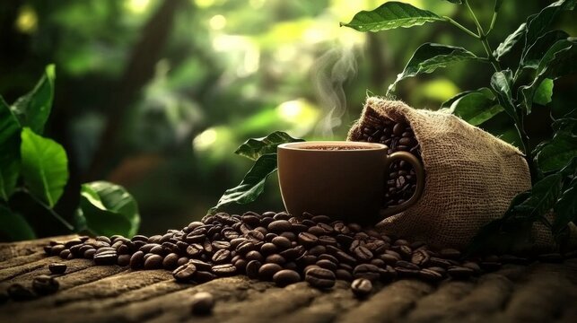 Roasted coffee beans bring flavor and aroma to the serene landscape.