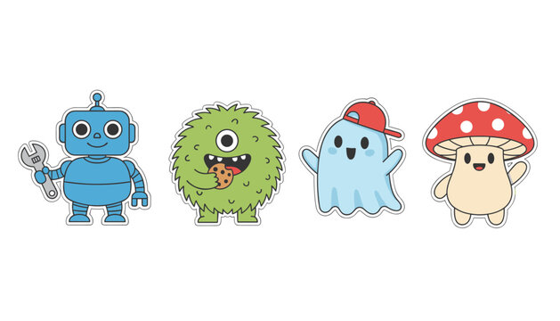 Cute cartoon stickers of a blue robot holding a wrench, a green monster eating a cookie, a ghost, and a mushroom on white.