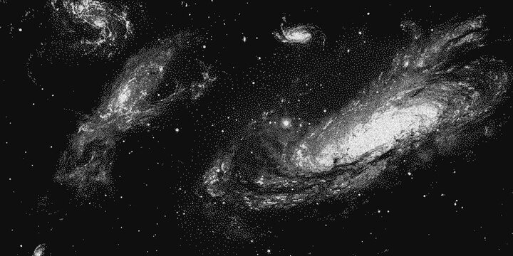 Spiral galaxy cluster with luminous cores, distant star clouds and dense stipple sandy grain across deep black space. Retro pointillist cosmos for poster, cover and collage design. Vector illustration